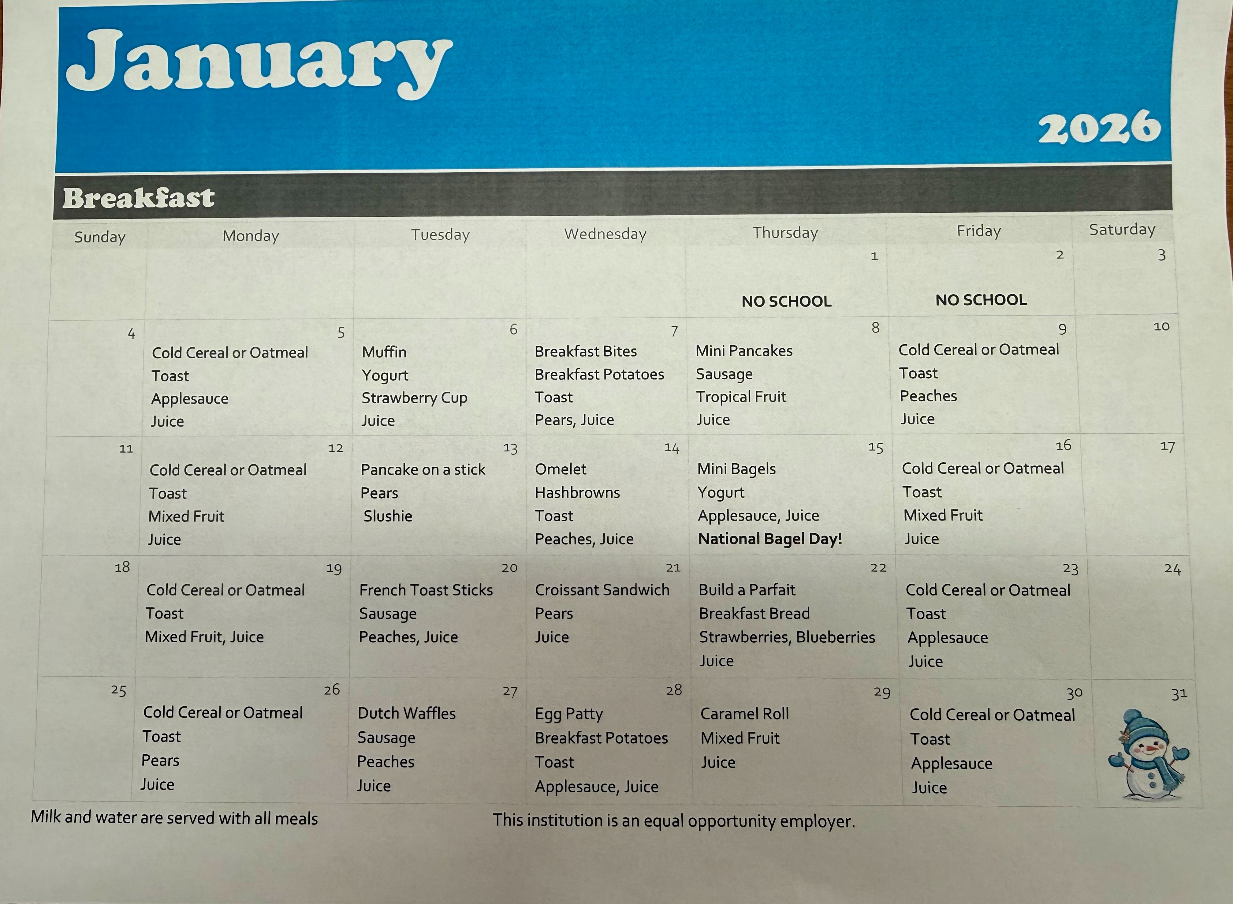 January  Breakfast Menu
