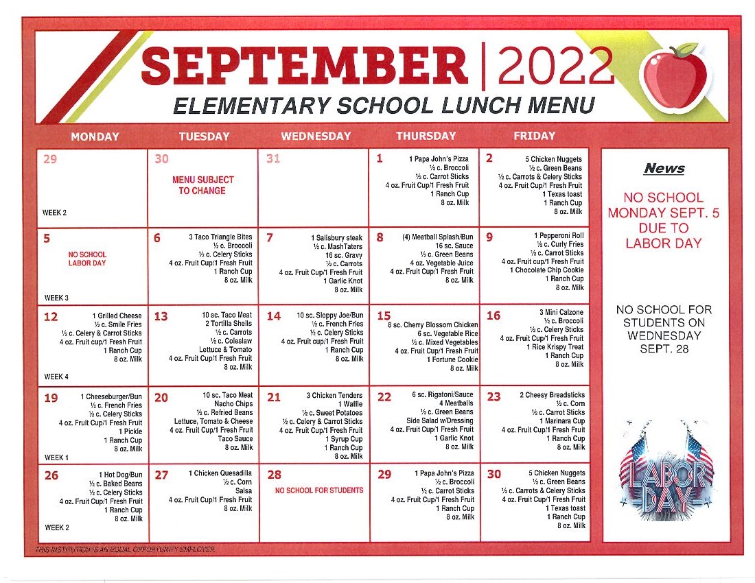 September Elementary Lunch Menu