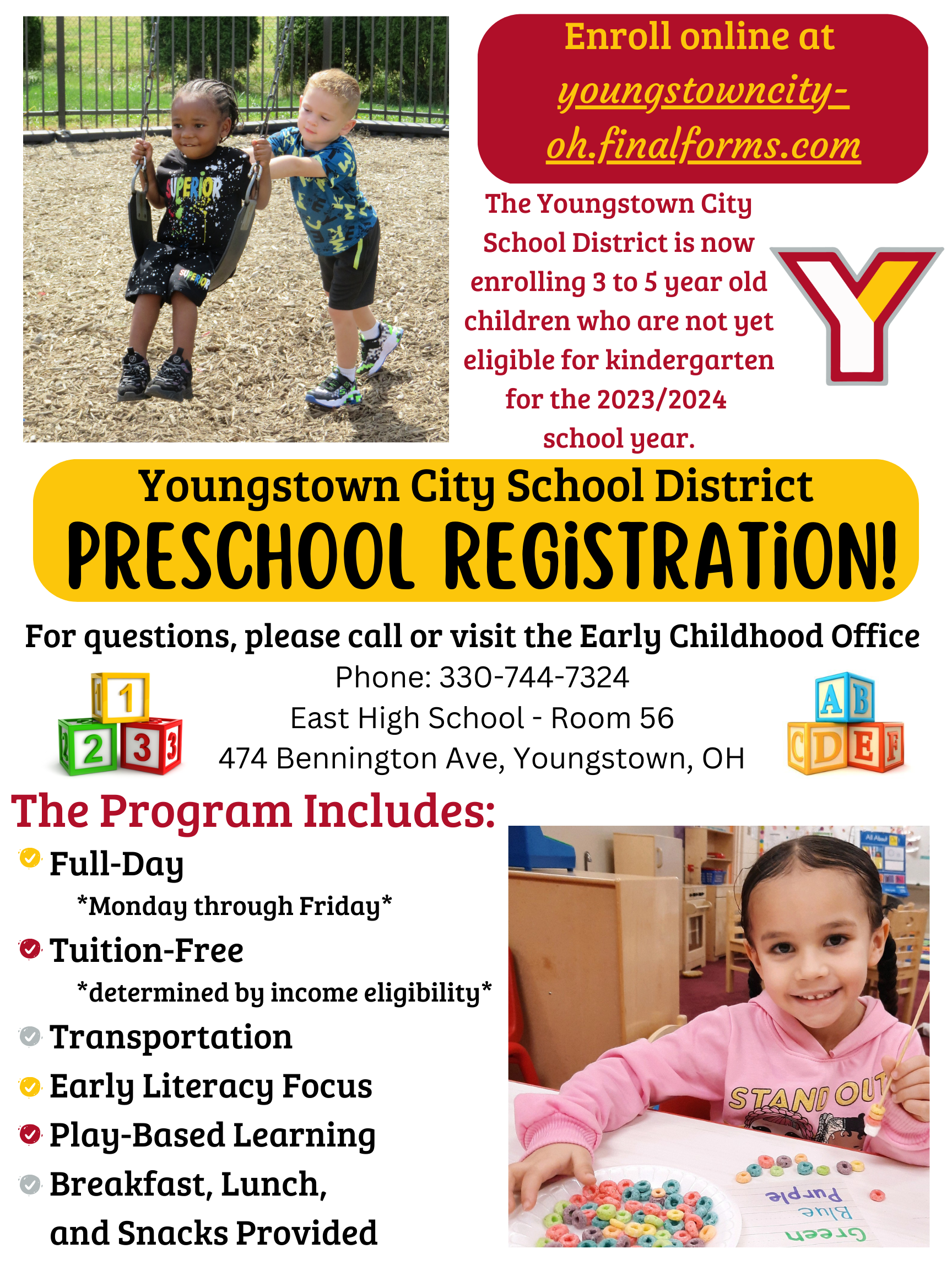 Flyer for YCSD preschool registration. You can enroll through Final Forms.