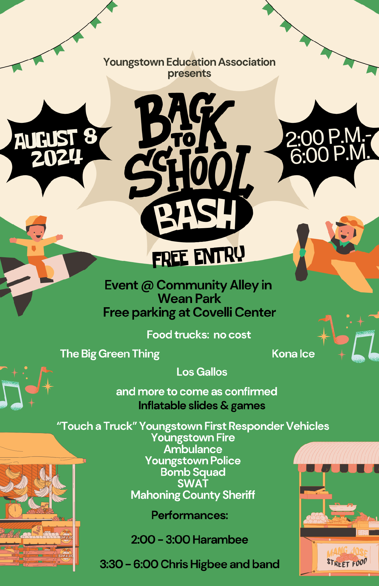 Youngstown Education Association presents a Back to School Bash on August 8, 2024 from 2:00 PM to 6:00 PM. There is free entry, food trucks, and activities for YCSD families.