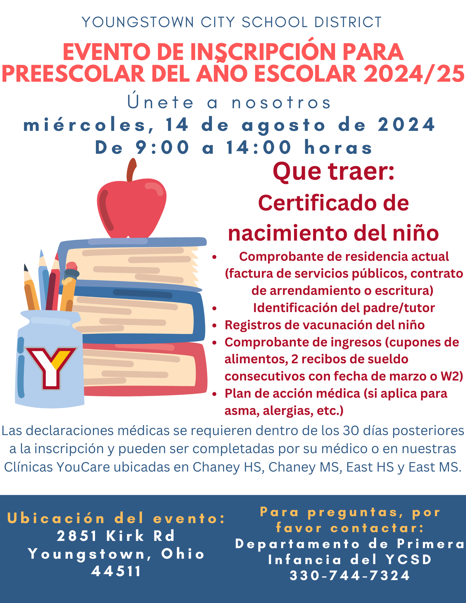 Youngstown City School District Preschool enrollment flyer in Spanish