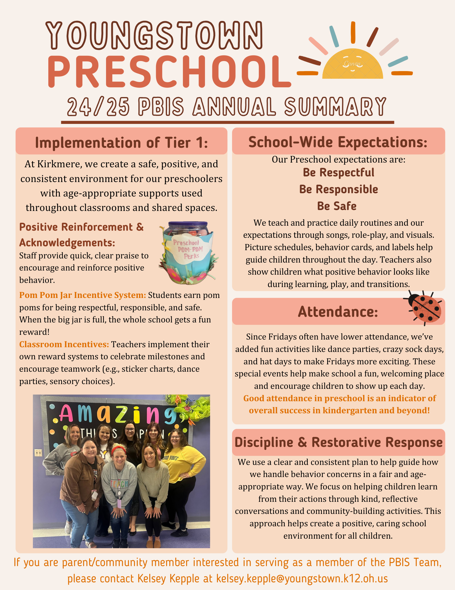 Flyer for the Kirkmere Preschool 24/25 PBIS Team that highlights the importance of good attendance in preschool and the steps that the team has put into place to improve their tier 1 supports for behavior and attendance.