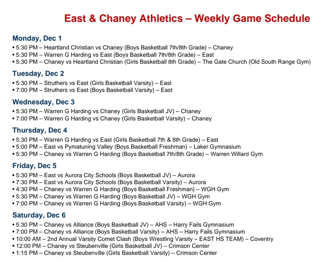 Week of 12/1/2025 Schedule