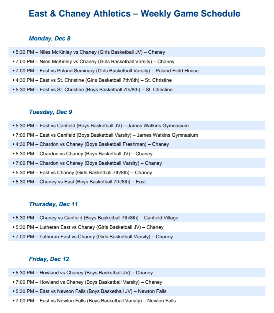 Week of 12/1/2025 Schedule