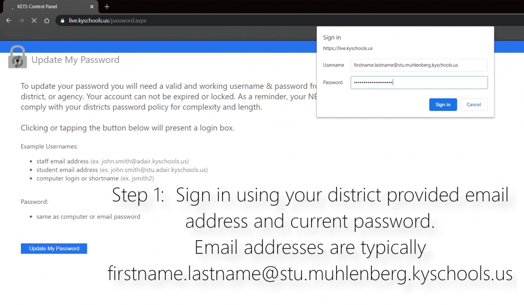 instructions for signing into password reset site using district provided email address