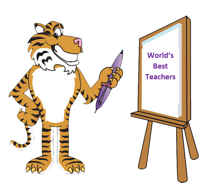 tiger with easel that says world's best teachers
