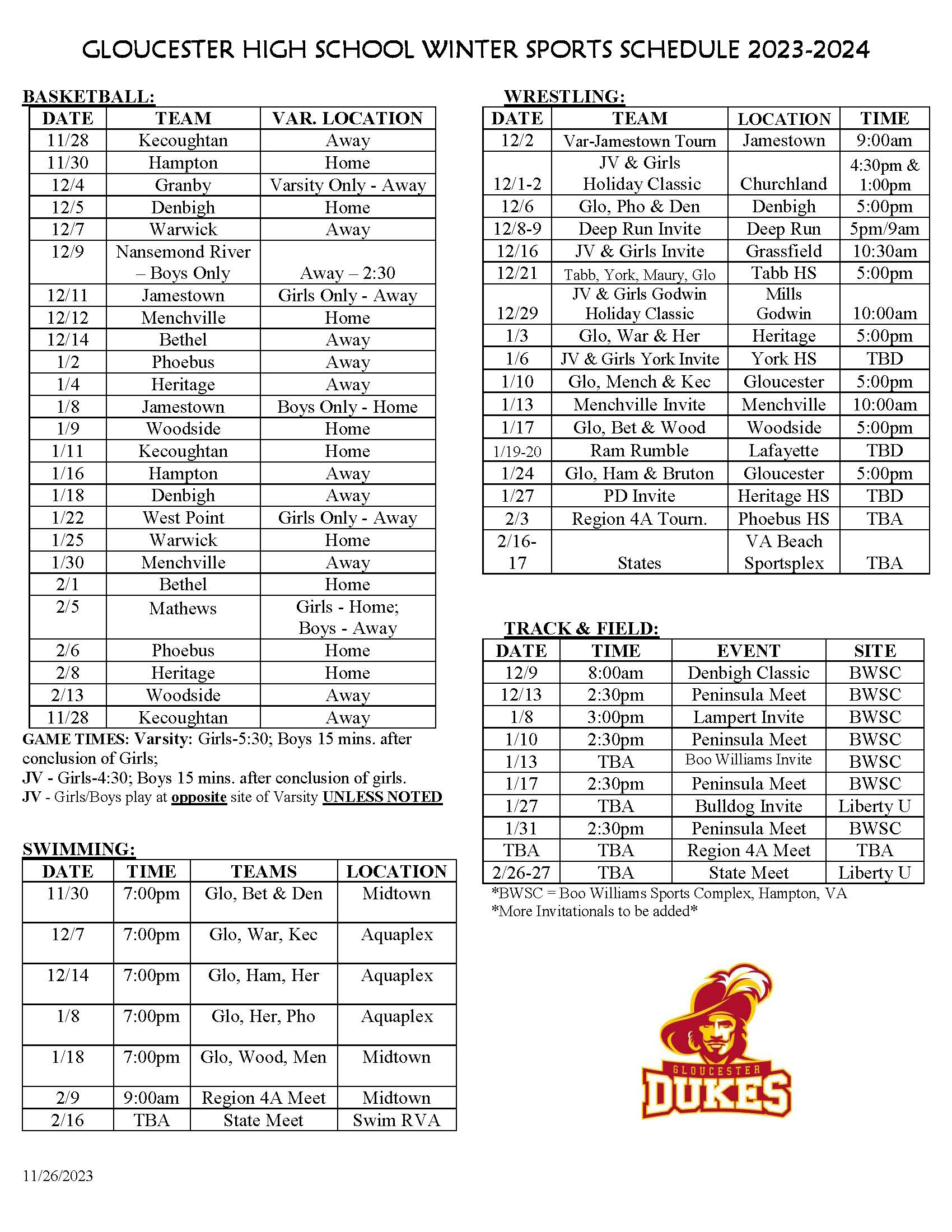 2023-2024 All Winter Sports Schedule Updates 8/1/2023