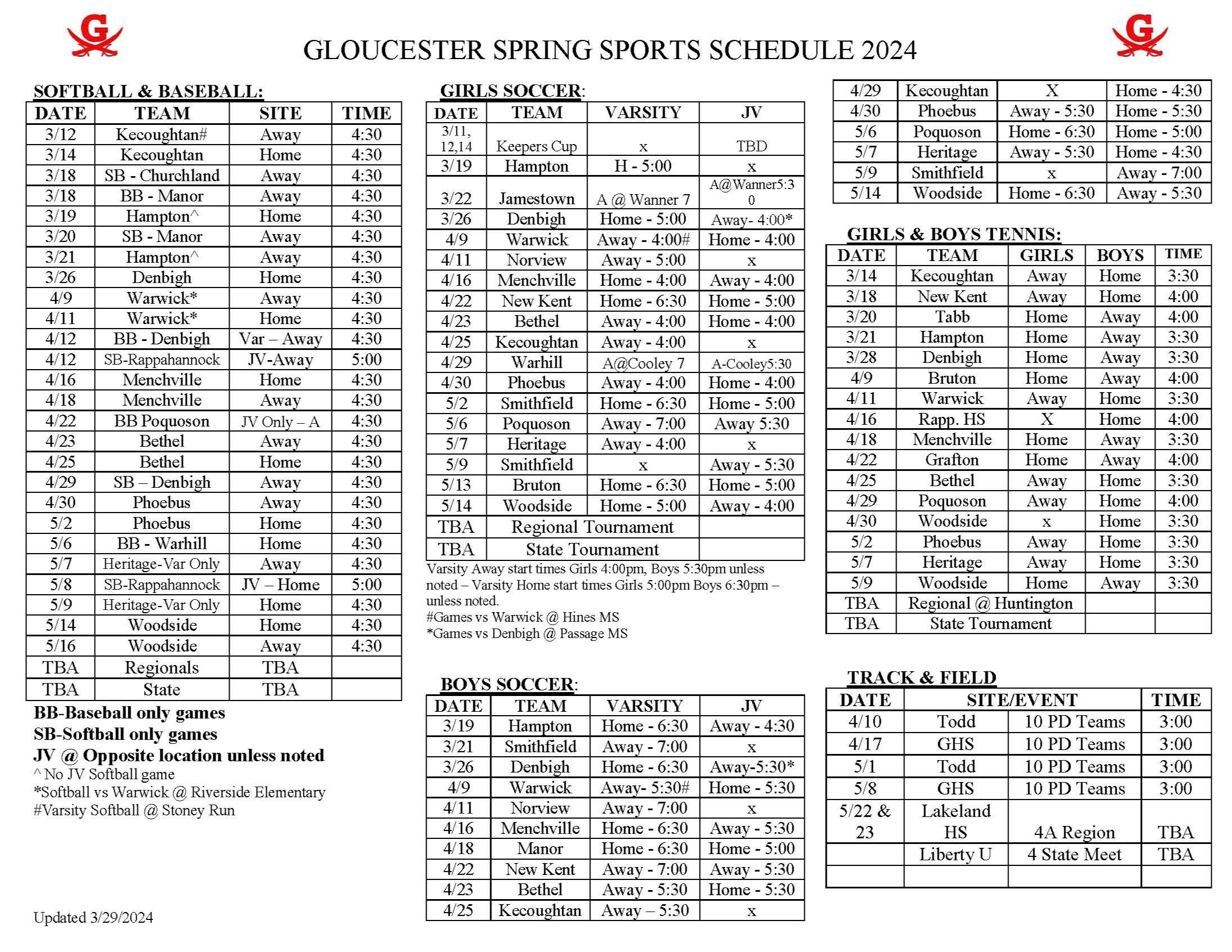 2023-2024 All Spring Sports Schedule Updates 8/1/2023