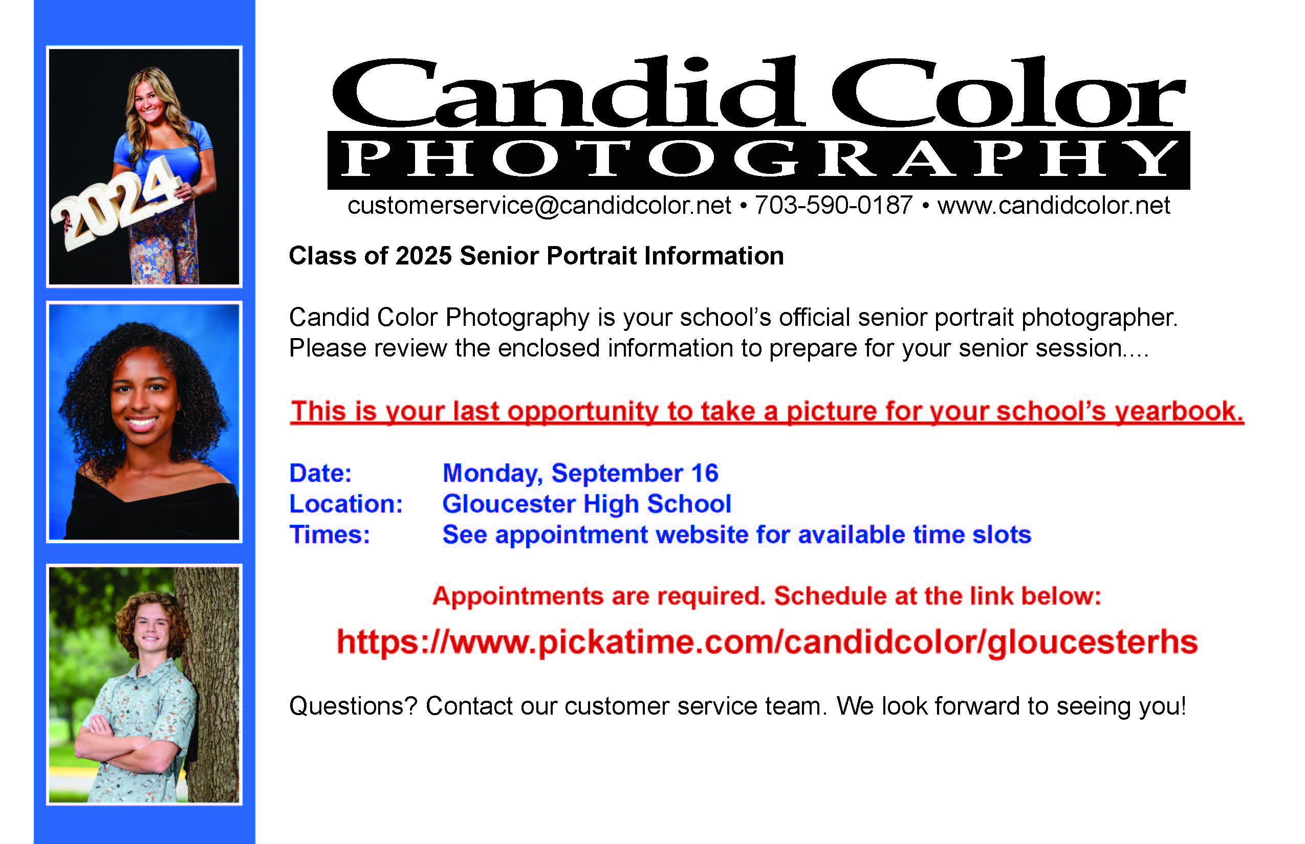 📸 Attention Seniors! 📸  Last chance to capture your senior portraits! 🎓 Final makeup portraits will be held on September 16th. Don’t miss out on this opportunity to preserve your memories.  👉 Click here to schedule your appointment. See you there!  #SeniorPortraits #ClassOf2025 #Memories #LastChance #CaptureTheMoment