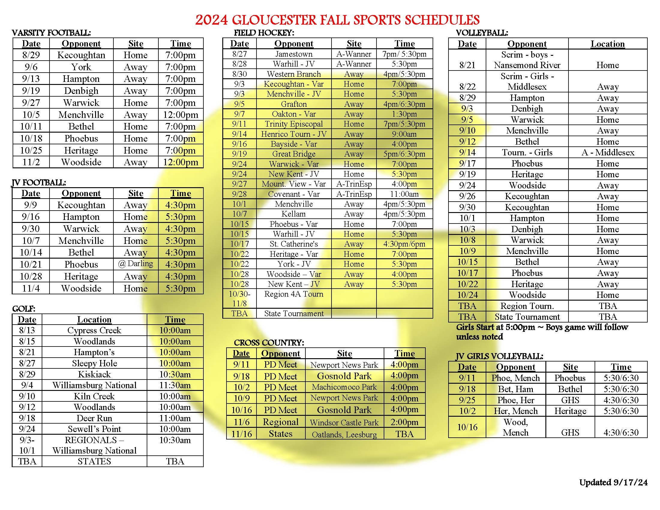 2024-2025 Fall Sports Schedule