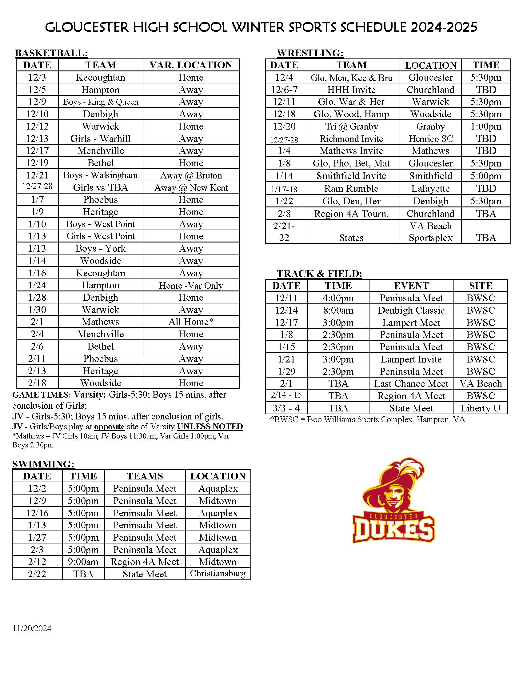 2024-25 All Sports Winter Schedule