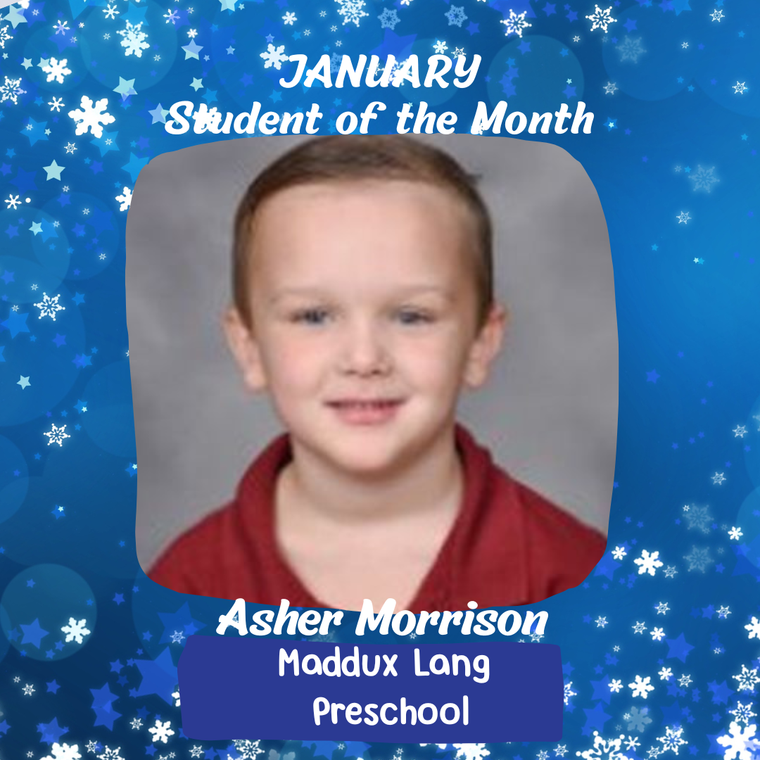 A boy smiles in a red shirt against a blue background with snowflakes. Text reads "January Student of the Month."