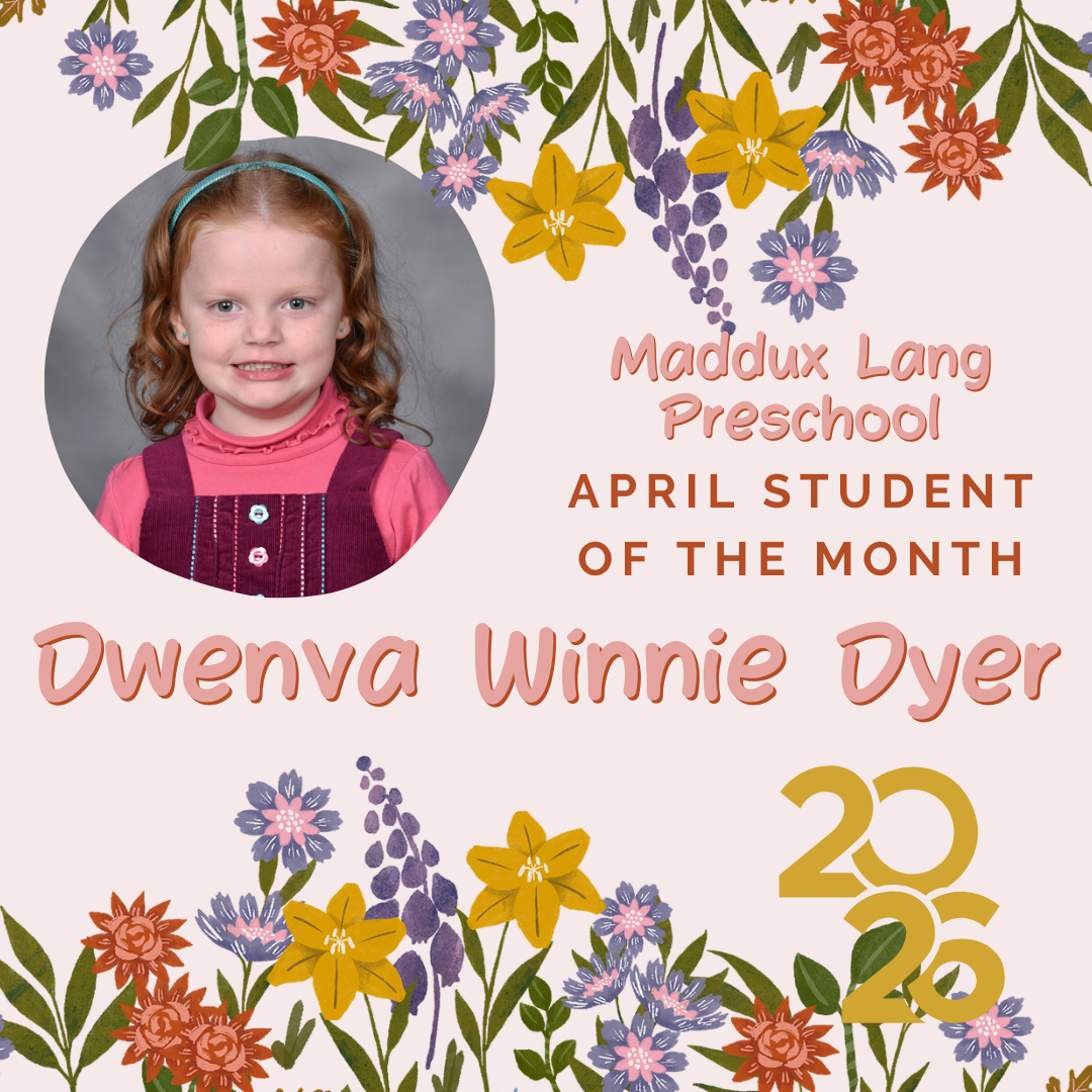 Circular photo of a young girl with flowers in background, with text overlay reading "Dwenv Winnie Dyer April Student of the Month 2020".