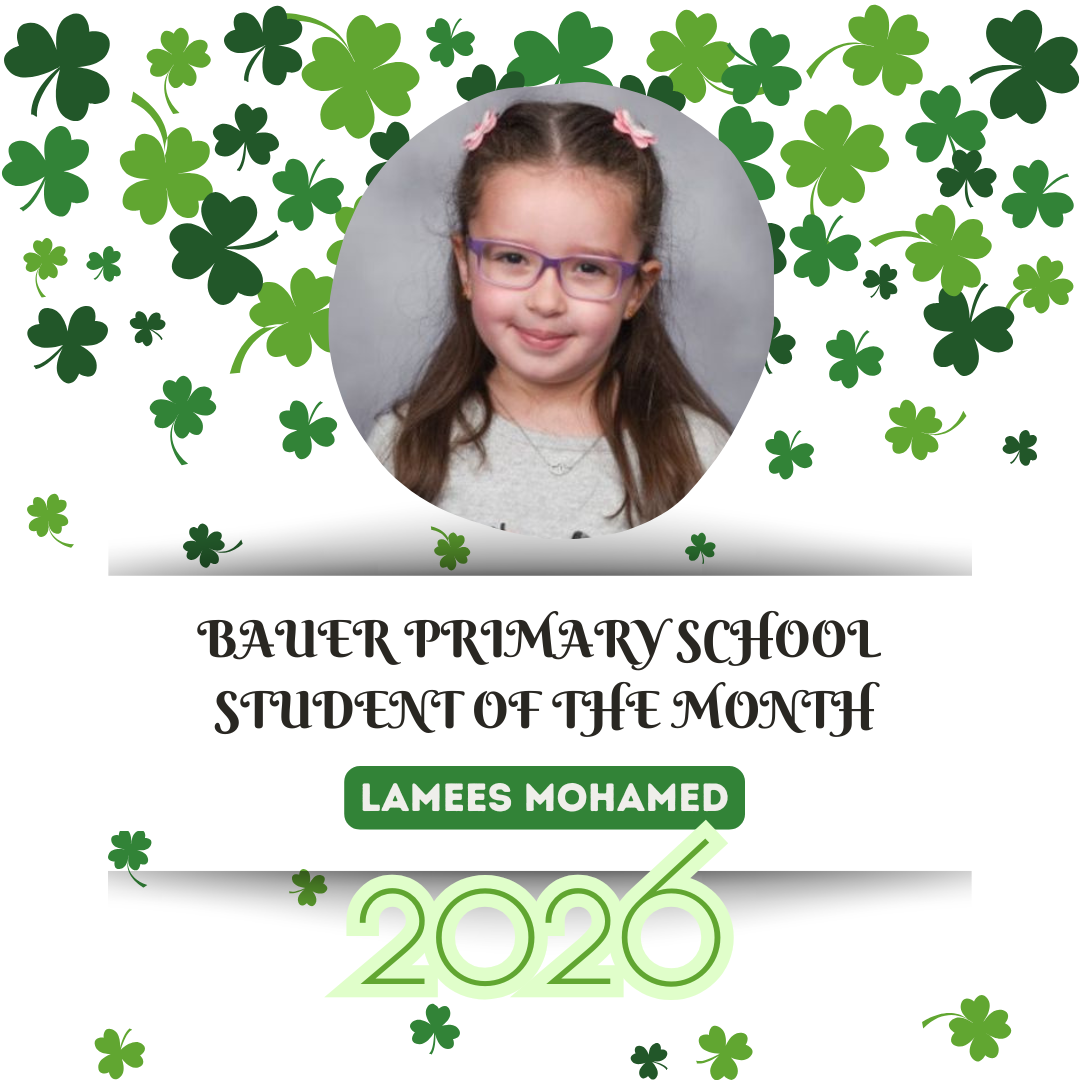 A circular photo of a smiling girl with glasses. The background features green shamrocks. Below, it reads "Student of the Month: Lamees Mohamed, 2026."