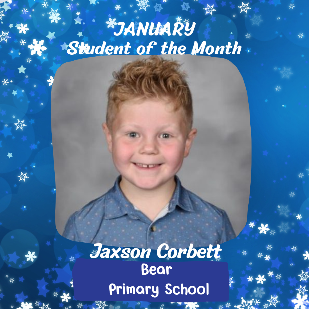 A smiling boy with short blond hair, wearing a blue shirt, labeled "January Student of the Month." Snowflakes and stars on a blue background.