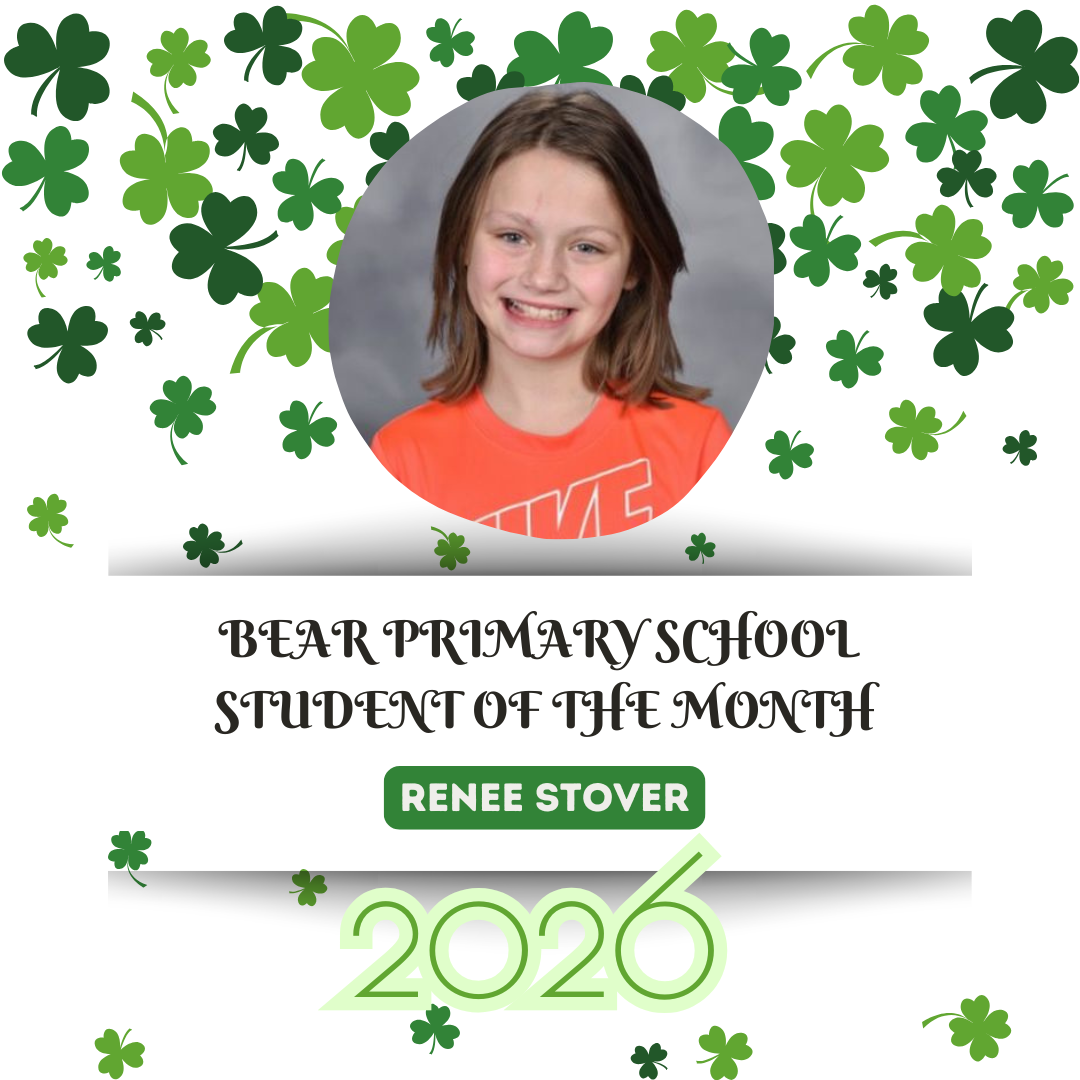 A young girl smiling, wearing an orange shirt, surrounded by shamrocks, with text reading "Bear Primary School Student of the Month."