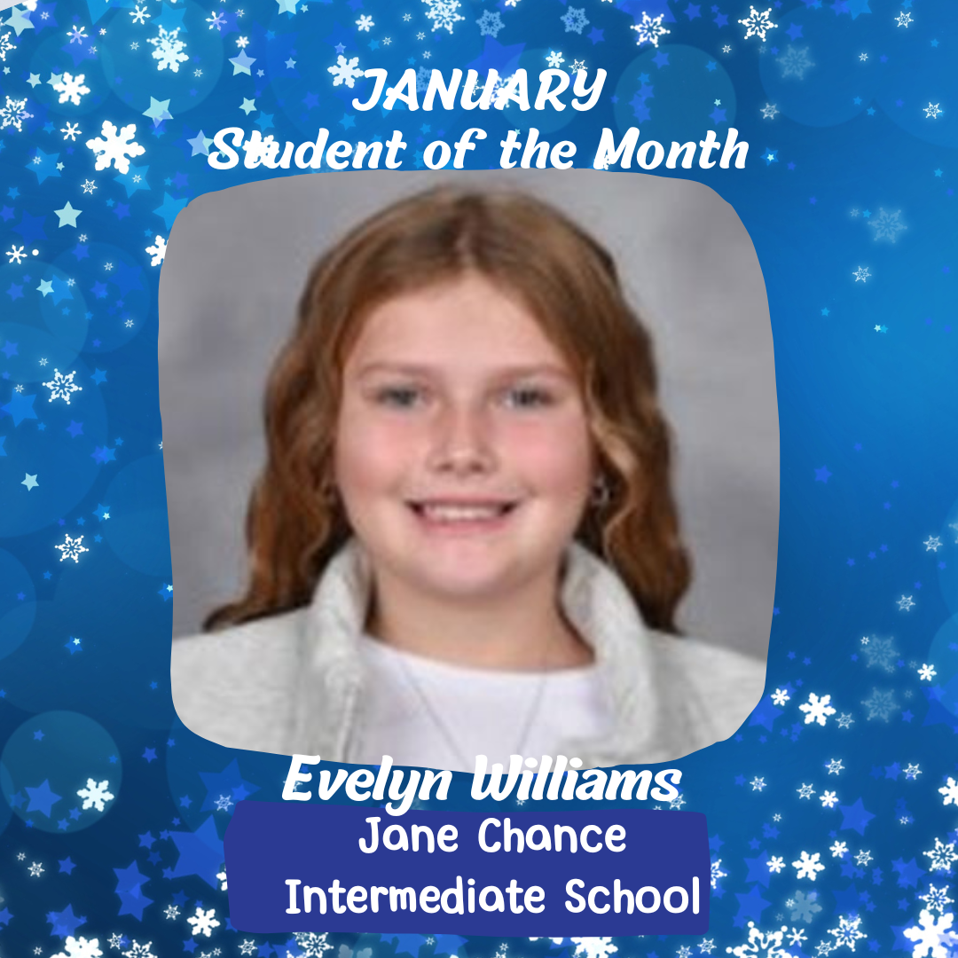 A smiling girl with curly hair wearing a white sweater. Text reads "January Student of the Month". Snowflakes and stars on a blue background.