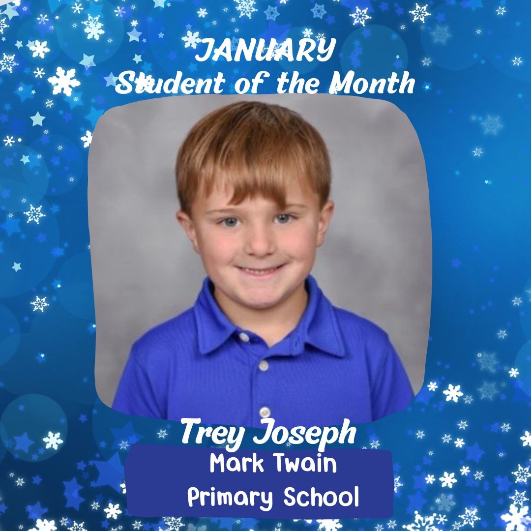A young boy, Trey Joseph, smiles brightly. He wears a blue polo shirt. Snowflakes decorate the blue background.