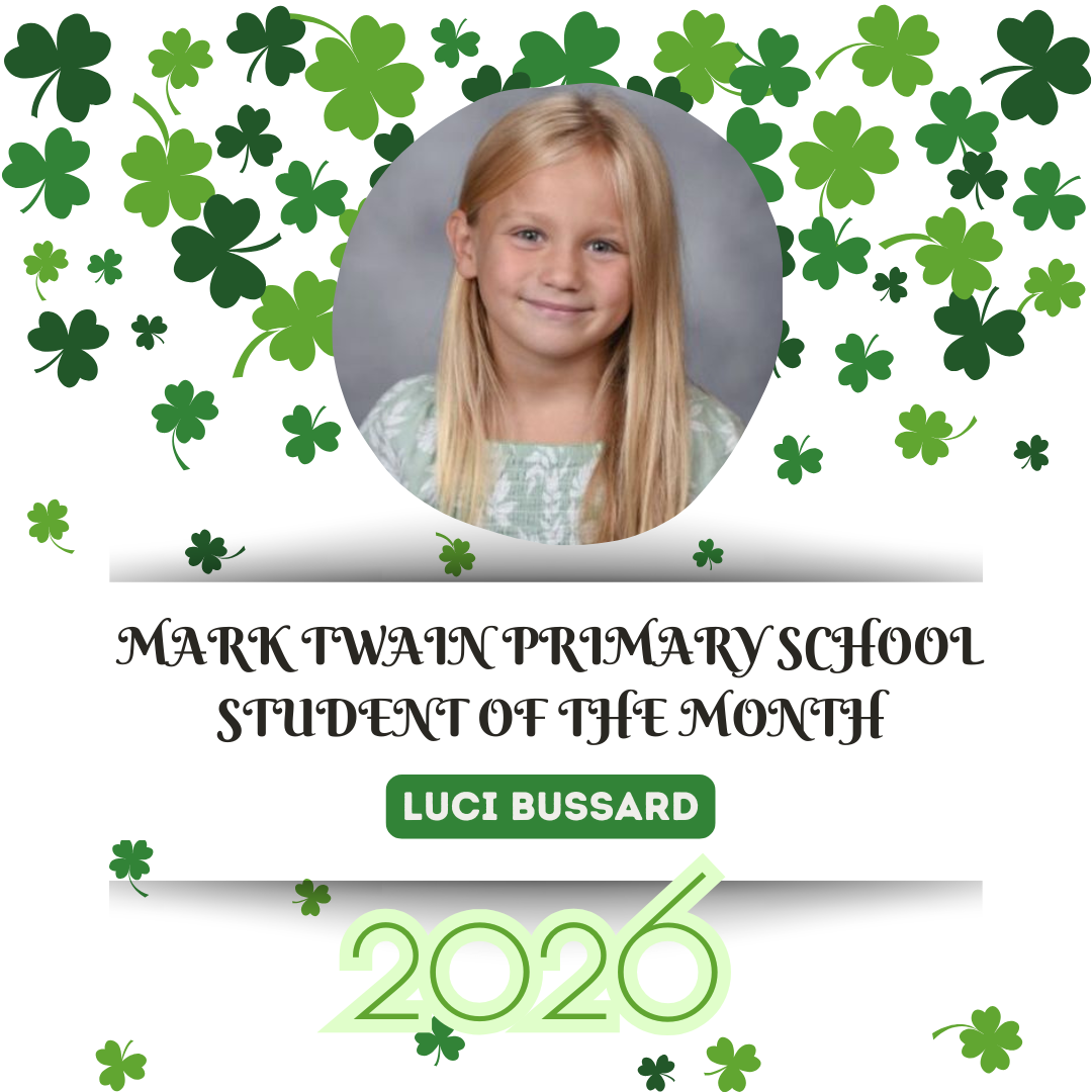 Girl with blonde hair smiles in a circular frame. Surrounding her are green shamrocks. Below her, "Student of the Month" text is displayed.