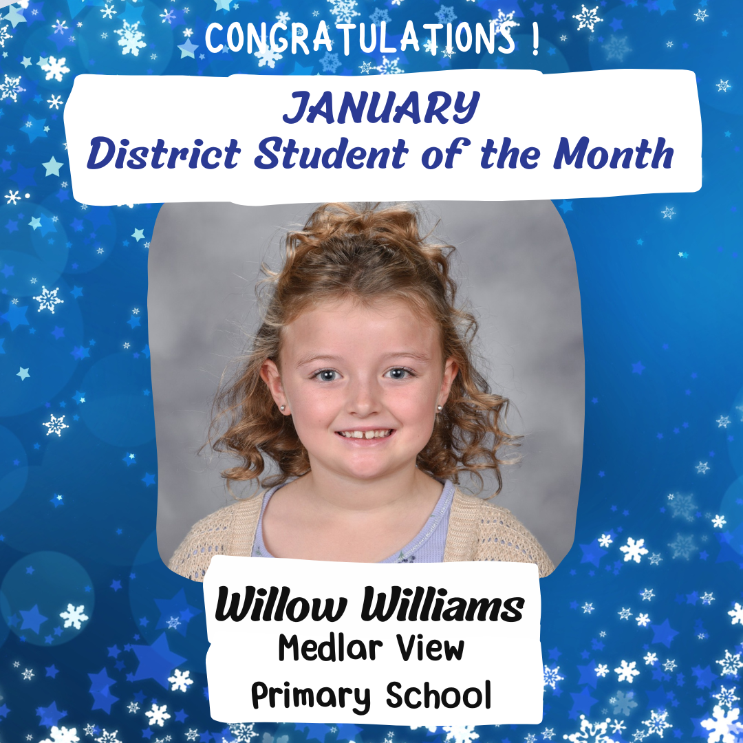 A smiling girl with curly hair is featured on a blue background with snowflakes. Text reads "Congratulations! January District Student of the Month."