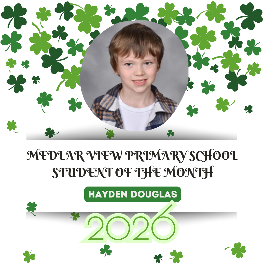 A white poster with a green shamrock pattern, featuring Hayden Douglas as the 2026 Student of the Month.