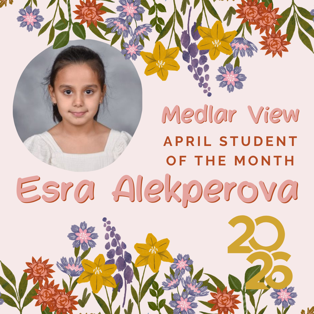 Floral background with a photo of a girl and text: Esra Alekperova, Medlar View April Student of the Month, 2020.