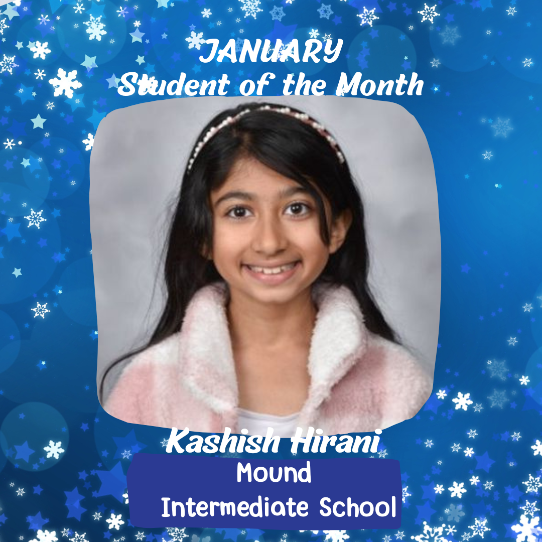 A young girl with black hair and a pink coat smiles for a picture. Snowflakes and stars adorn the blue background.