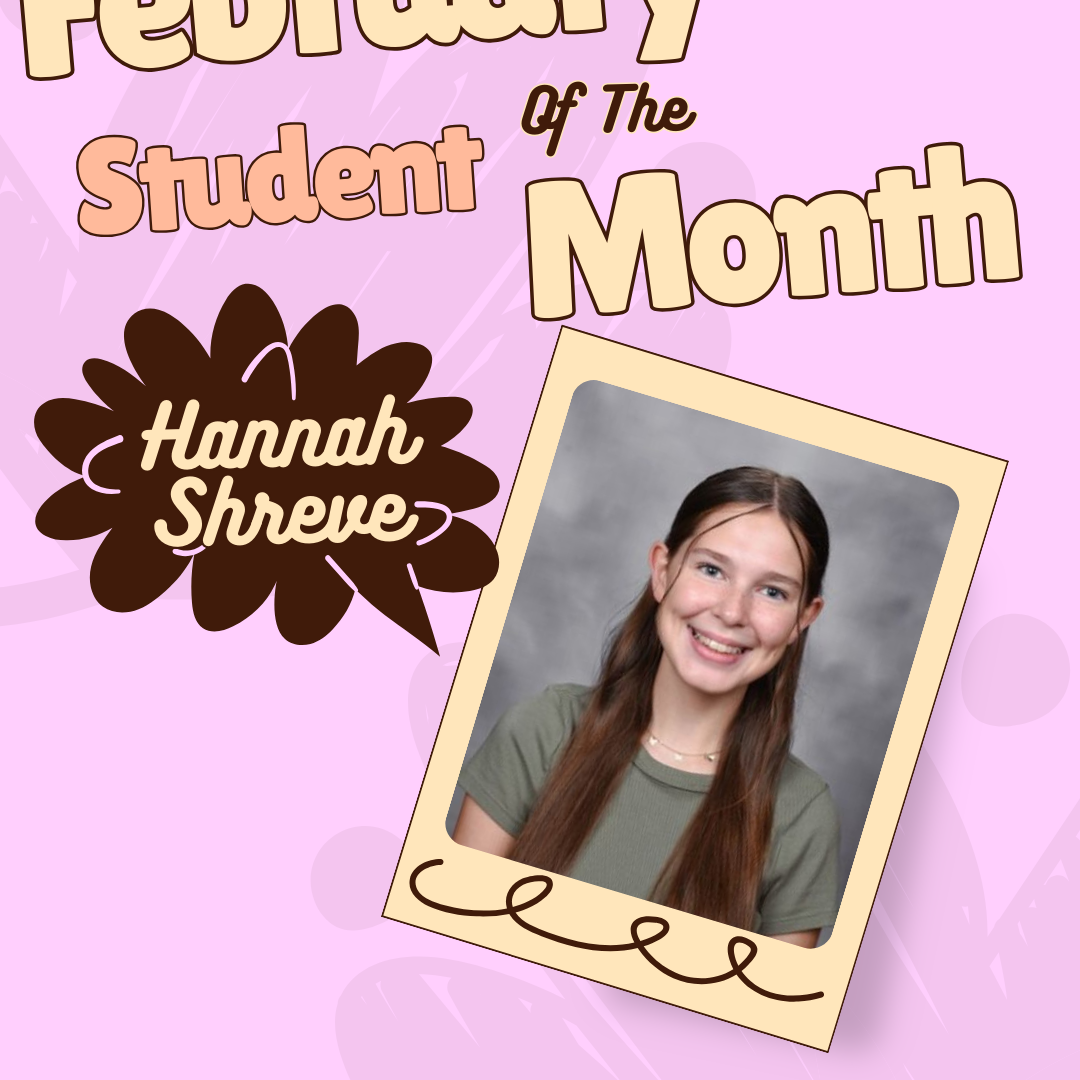 Text: "February Student of the Month" with a photo of a smiling girl. Background is pink.
