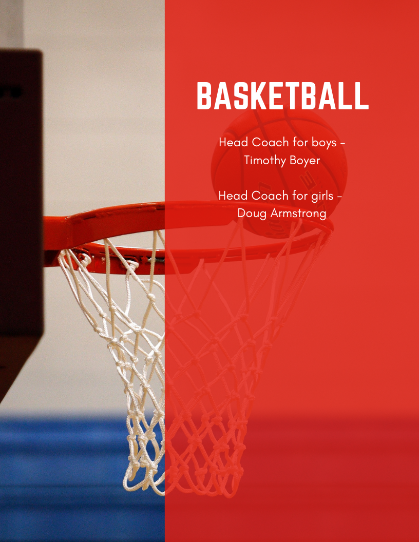 basketball goal that says "head coach for boys - Timothy Boyer, Head Coach for Girls - Doug Armstrong"