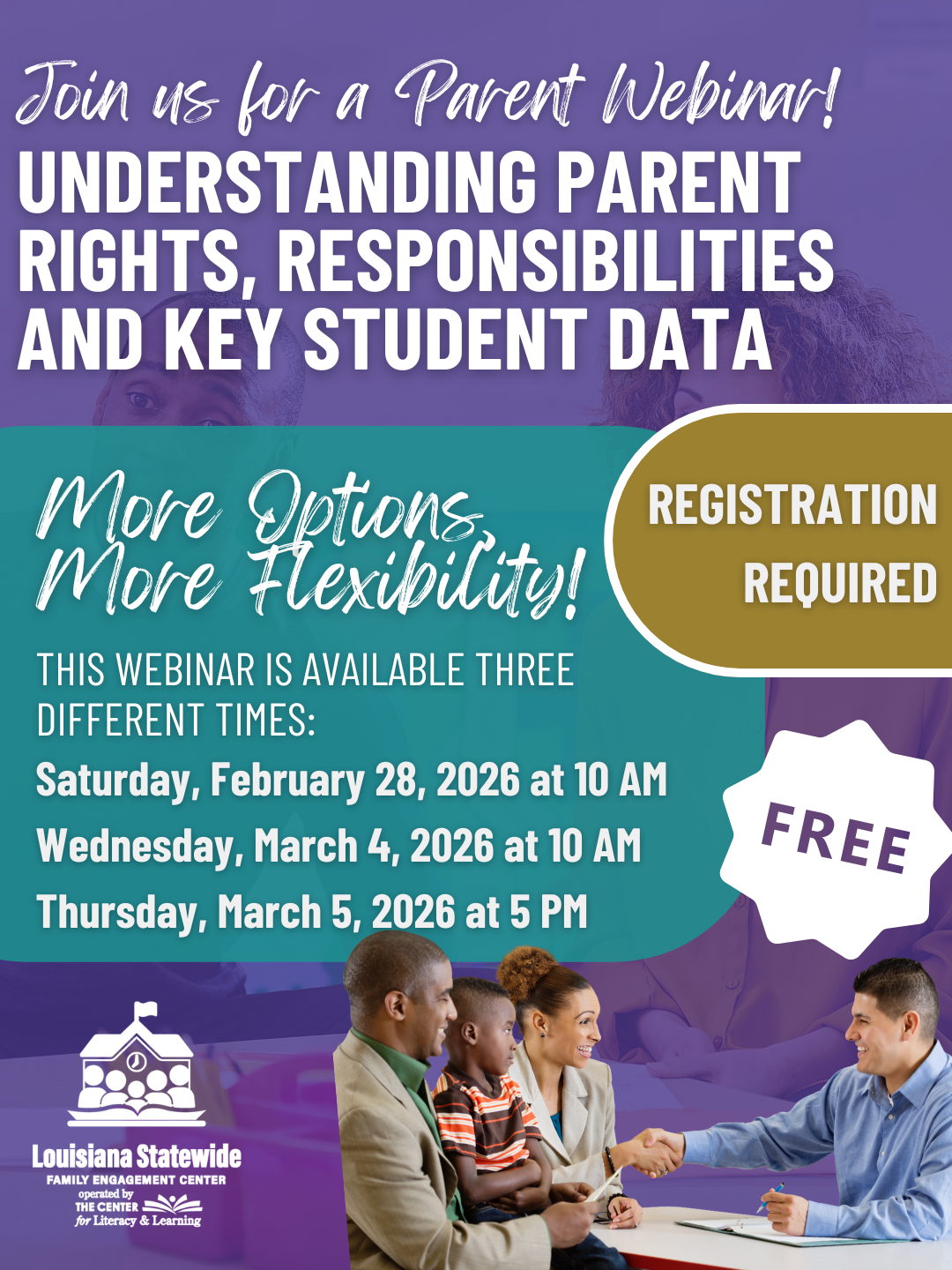 An advertisement for a parent webinar with people shaking hands. It includes dates, times, and a registration link.