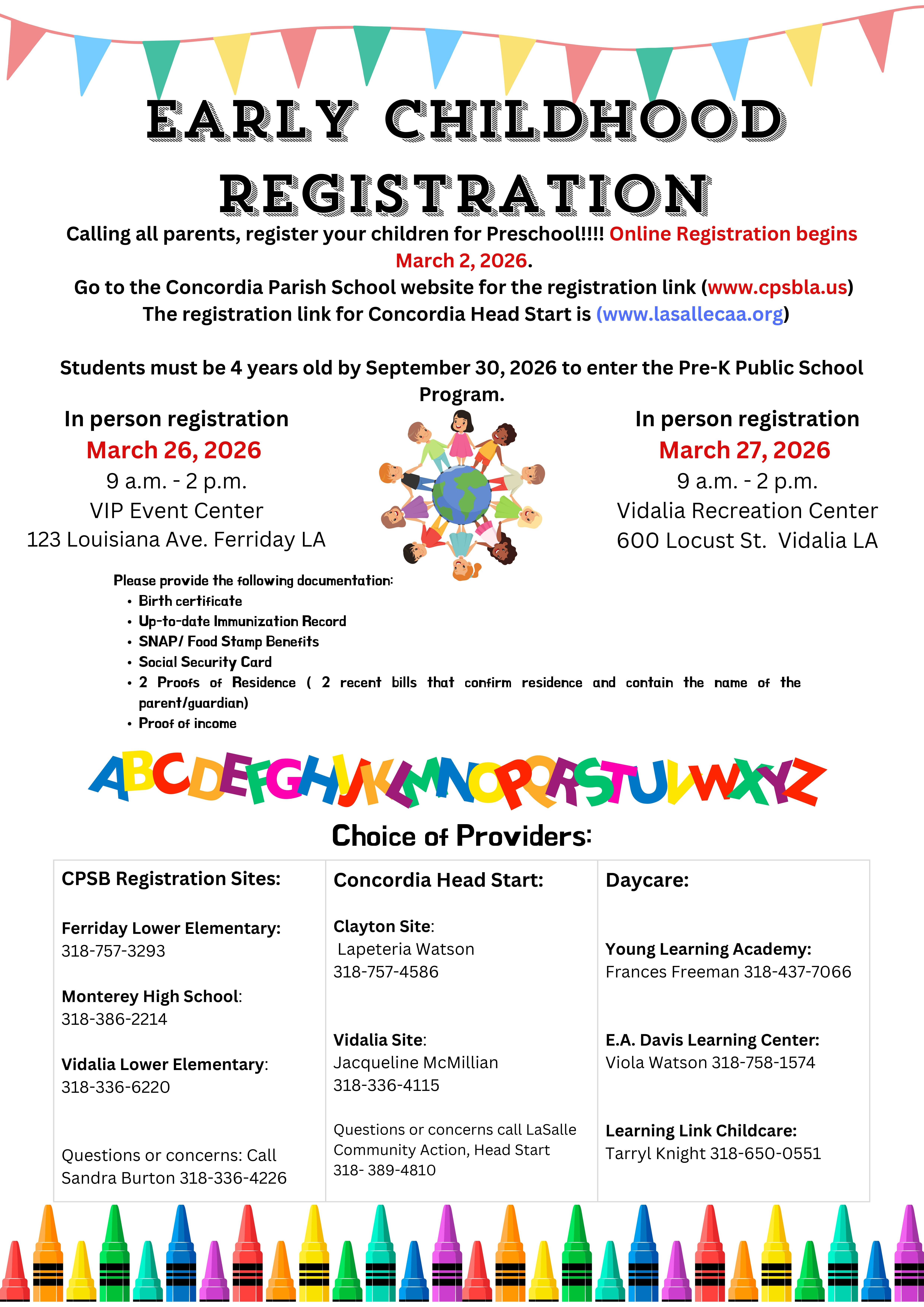 A flyer with a colorful design displays information about early childhood registration. It includes dates, locations, and contact details for both online and in-person registration.