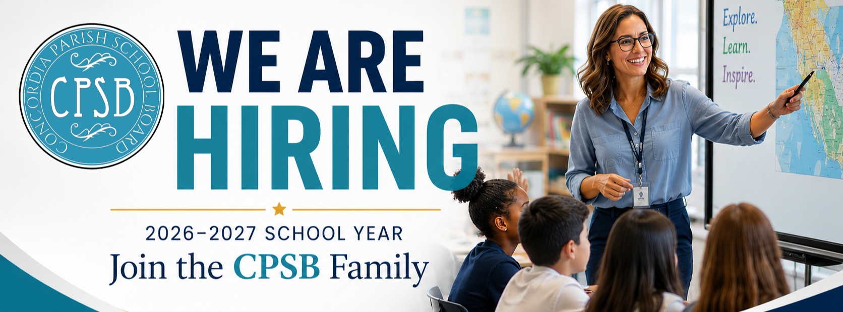 A poster with a teacher standing in front of a classroom. The poster reads "WE ARE HIRING" and "2026-2027 SCHOOL YEAR".