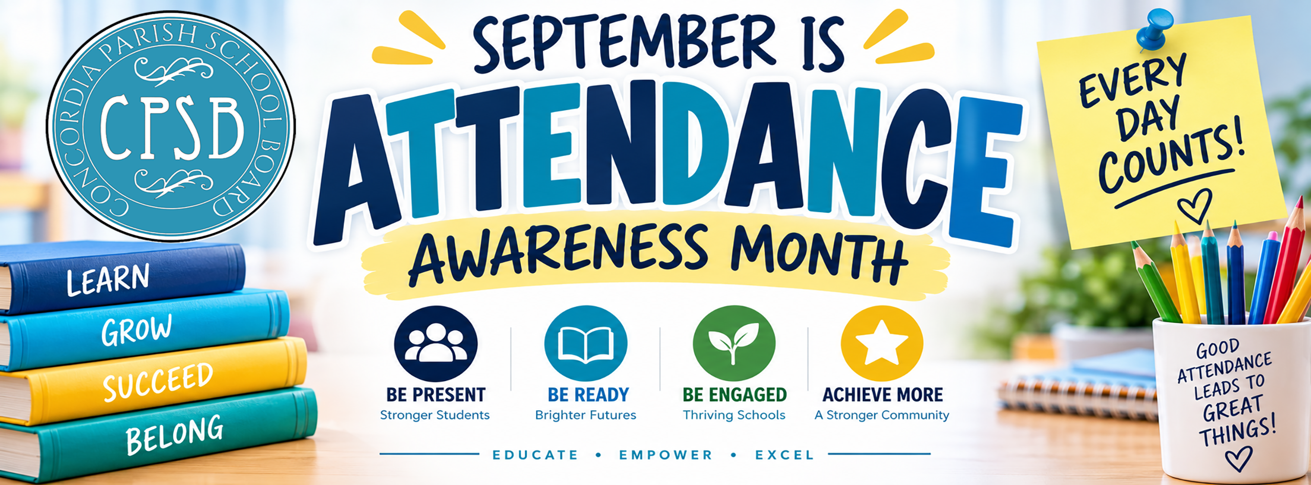 An awareness poster with a blue and green background. It includes text, a plant, books, a pencil cup, and other items.