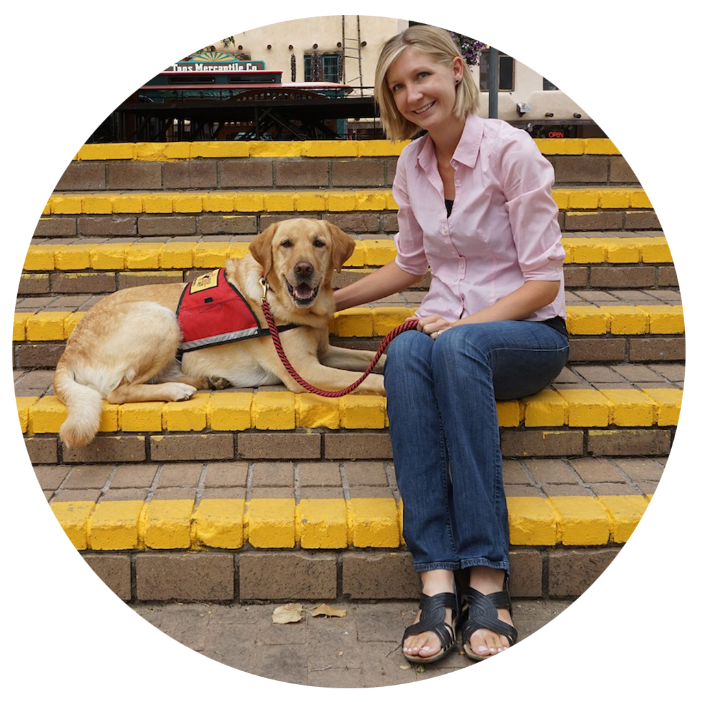 Denise Dumesnil,  ADW Instructor, Trainer, and Grant Writer and  golden retriever in training