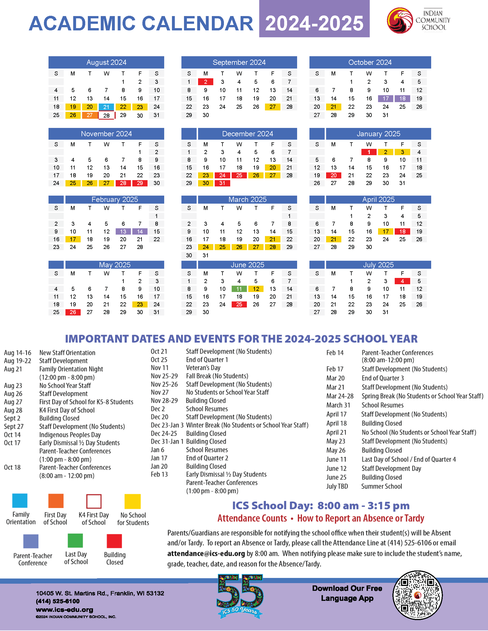 2425 Academic Calendar Indian Community School