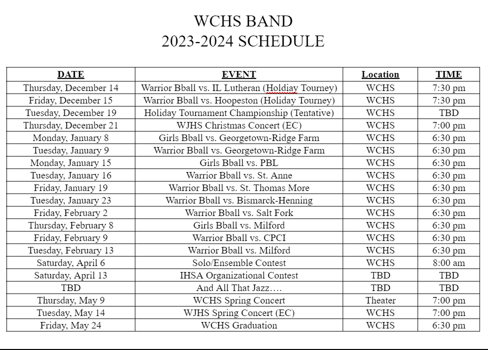 WCHS Band Current Schedule