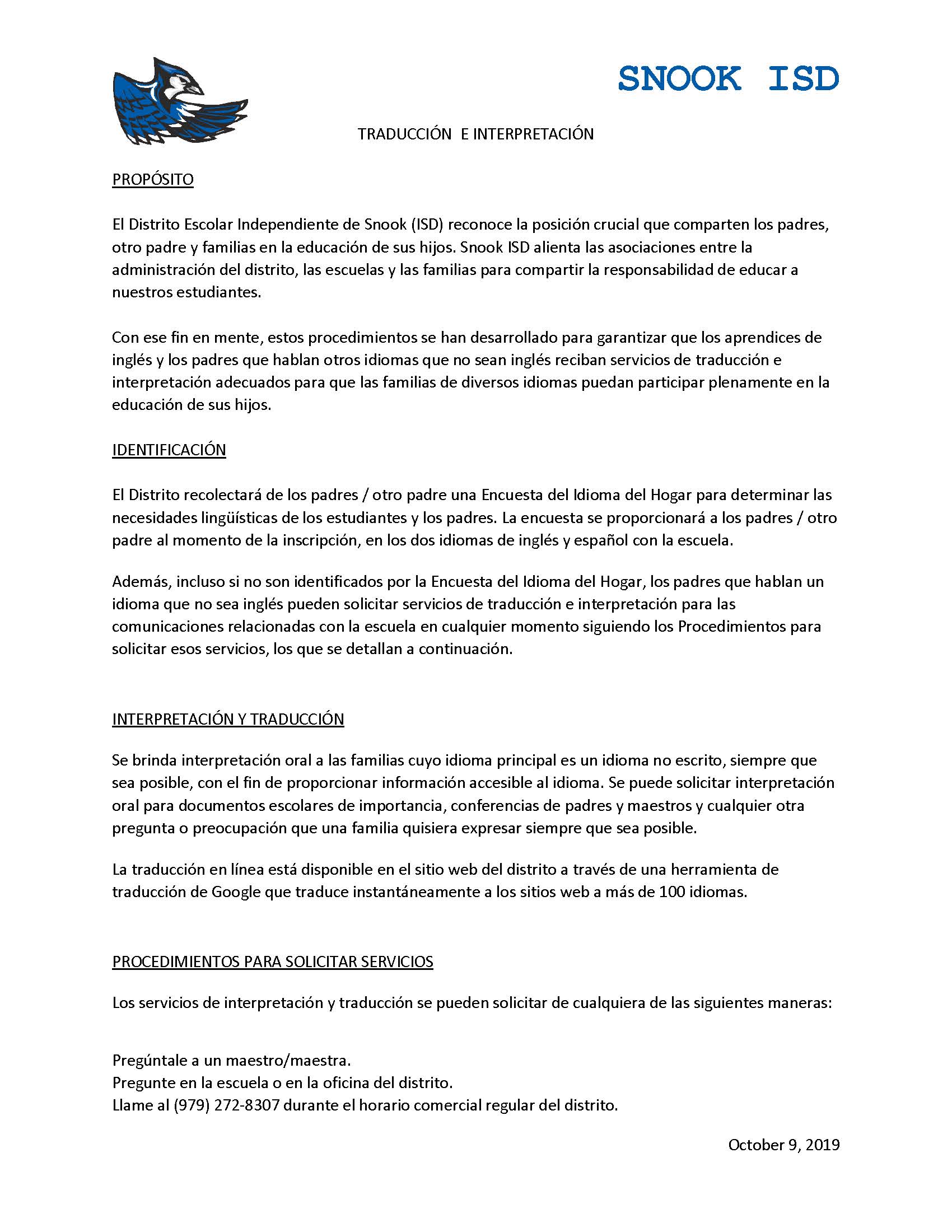 Snook ISD Translation & Interpretation in Spanish
