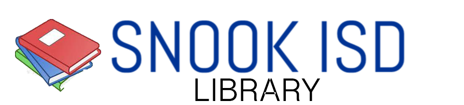 Image of books stacked and words for Snook ISD Library serving as a column header