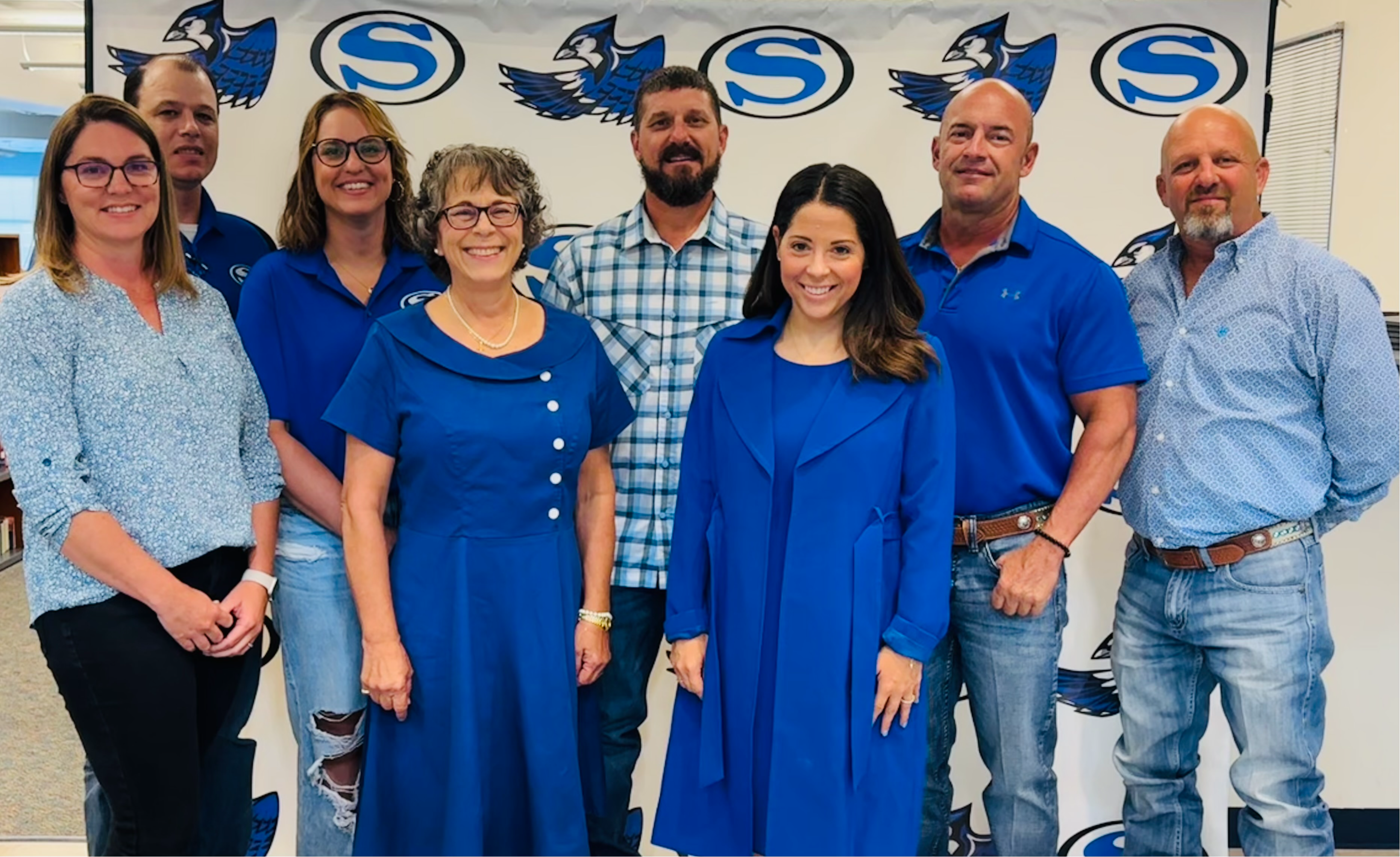 L to R: Justin Hruska (Vice President), Leslie Groce (Secretary), Kristine Brisco (President), David Sebesta, Brenda Krchnak (Superintendent), Cameron Schluens, Neshae Thomas, Bradley Prihoda