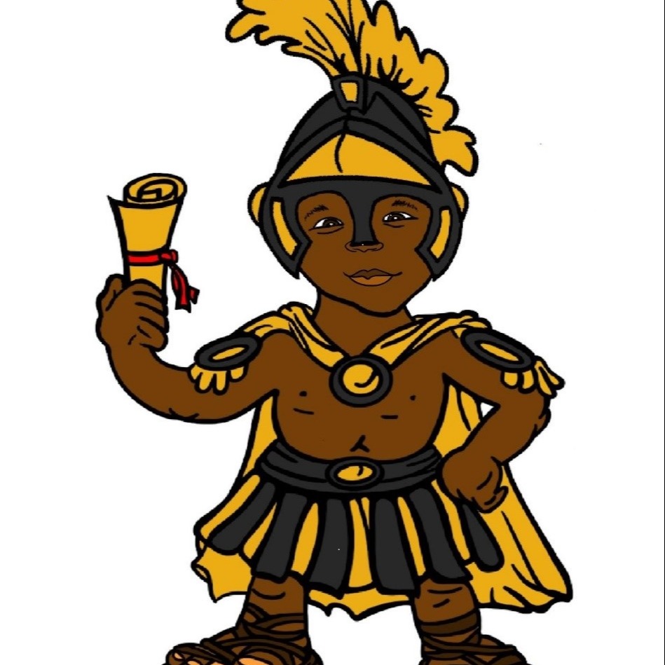 A cartoon figure dressed in historical attire, including a helmet, cape, and sandals, holding a scroll.