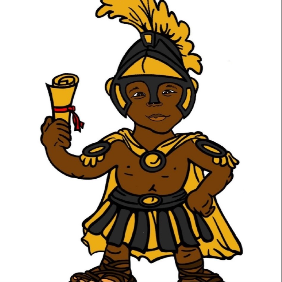 A cartoon figure dressed in historical attire, including a helmet, cape, and sandals, holding a scroll.