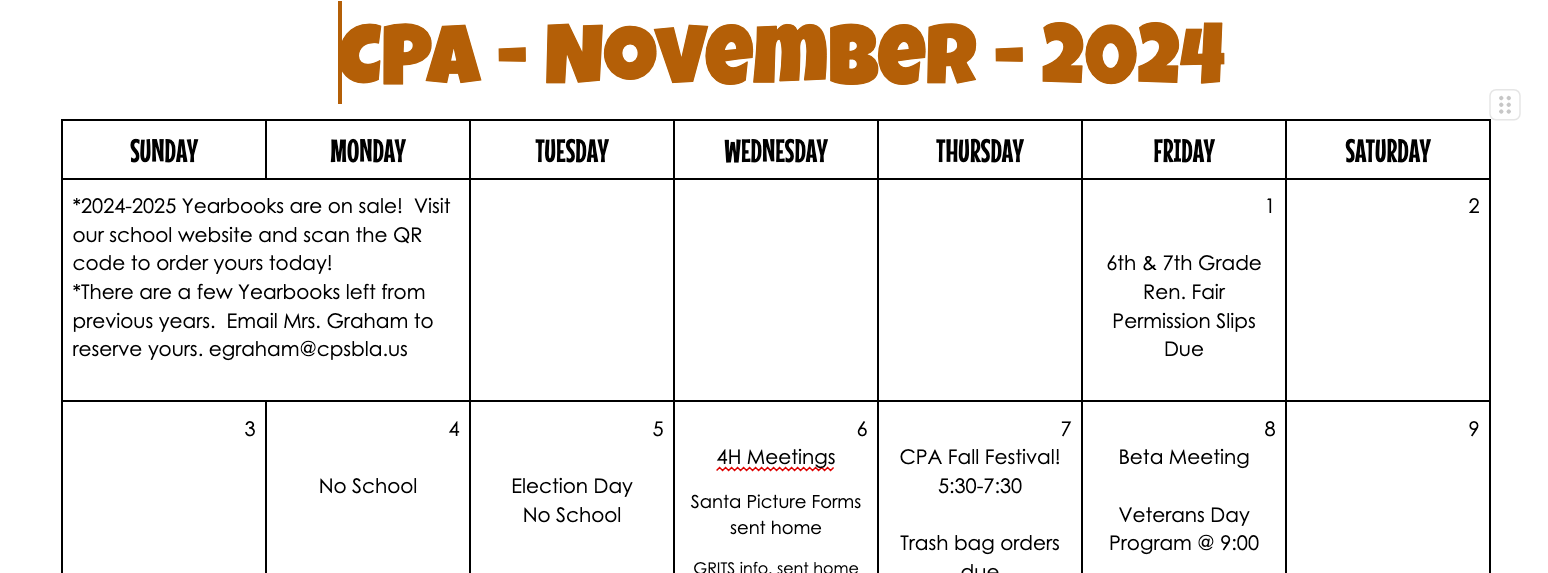 NOVEMBER CALENDAR