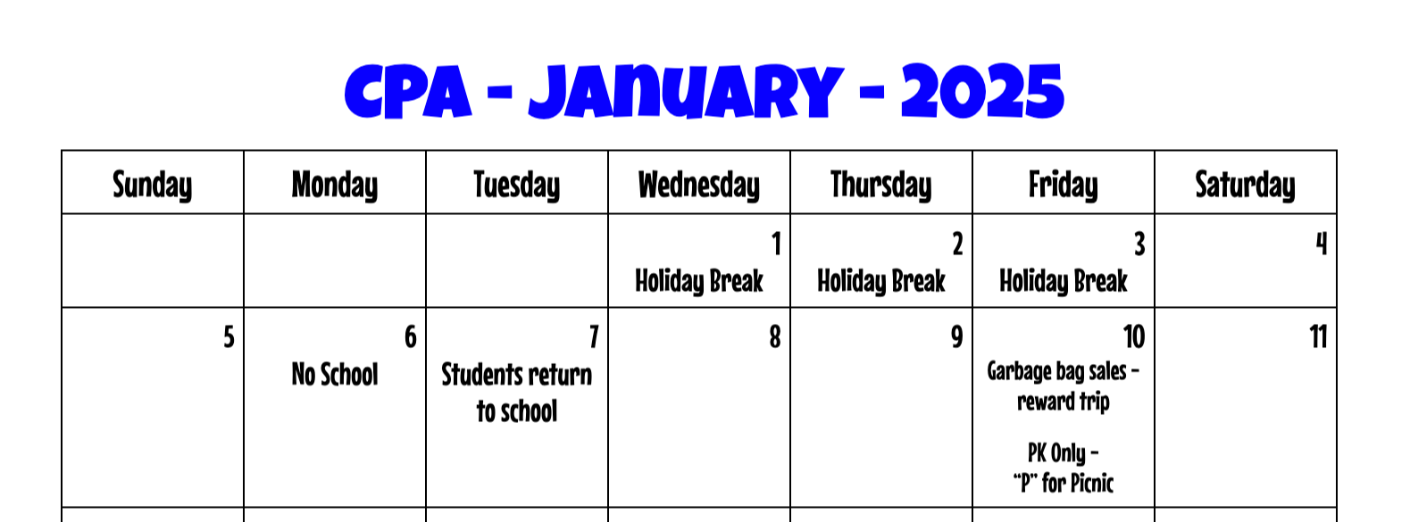 January Calendar