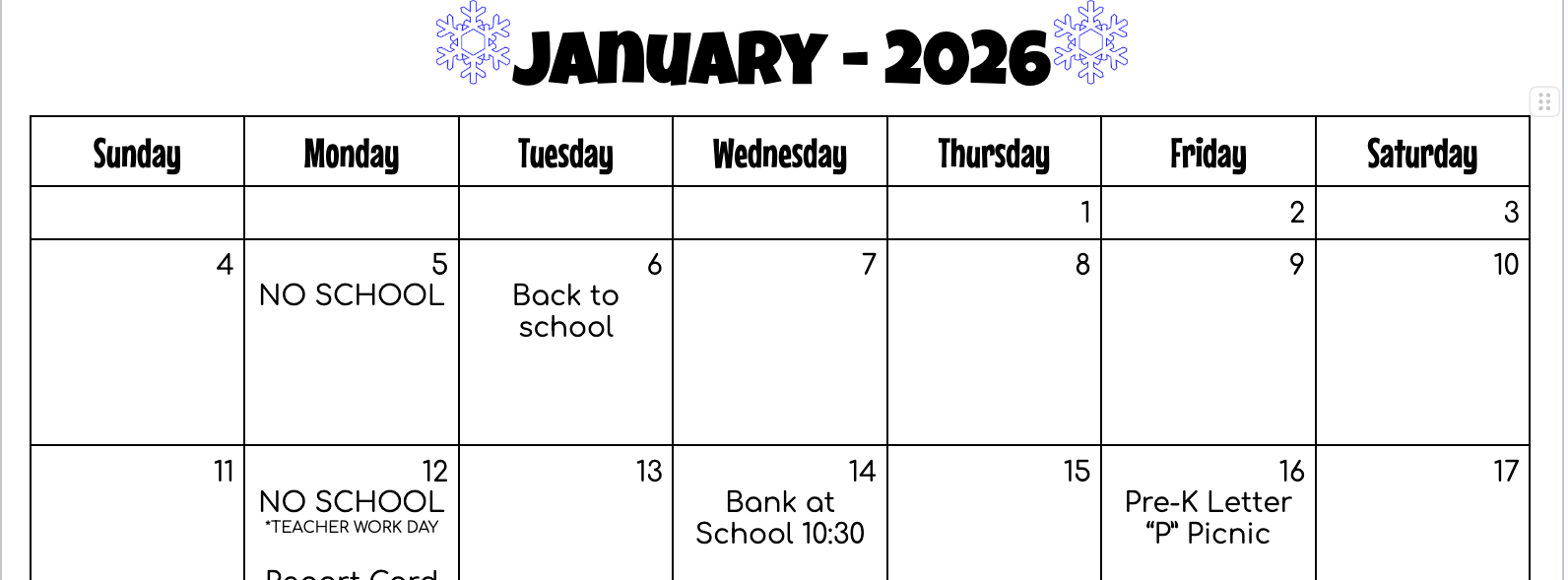 January Calendar