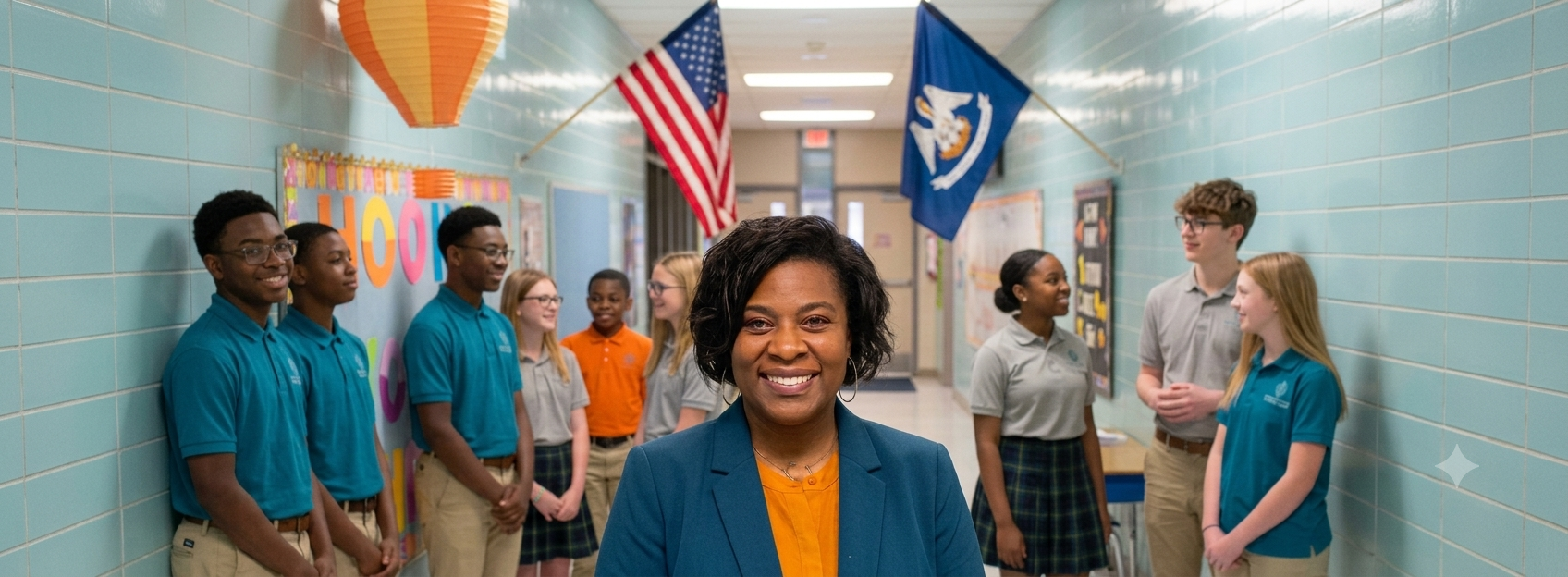 A smiling woman stands in a school hallway, surrounded by a group of students in blue shirts.