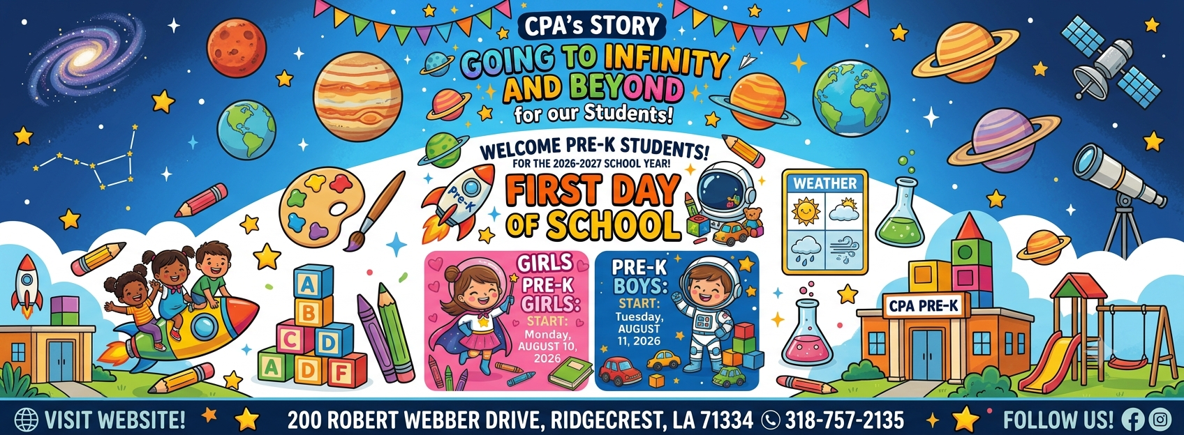 A colorful cartoon image features a school banner with planets, buildings, children, and space elements. A slide and a rocket are also visible.