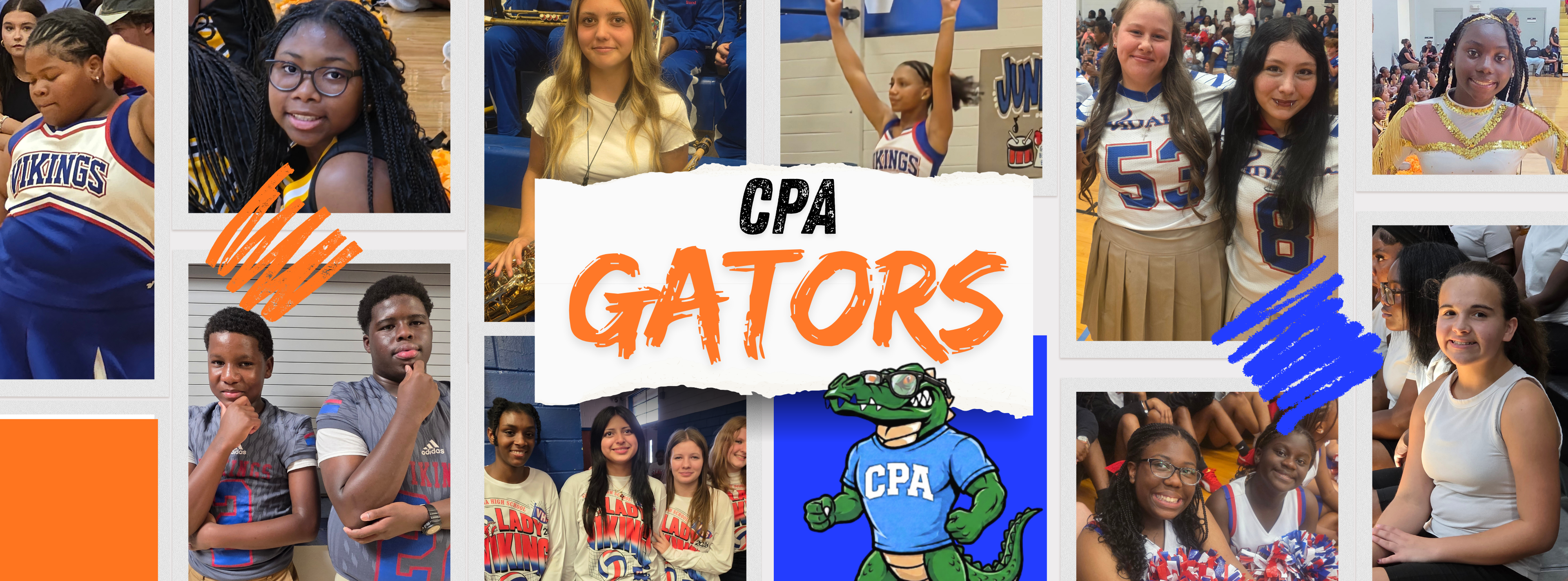 Collage of student photos in different settings with a central logo and text reading "CPA Gators". Background has orange and blue stripes.