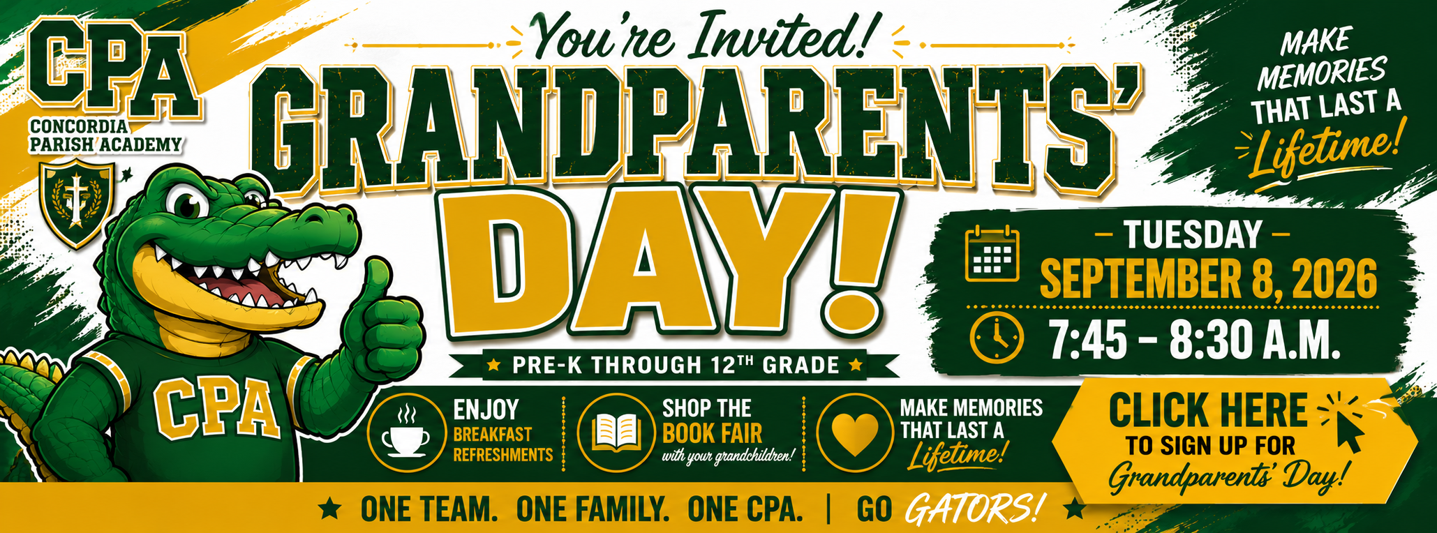 A poster invites to Grandparents' Day on September 8, 2026. It features a cartoon alligator, a shopping cart, and a book.