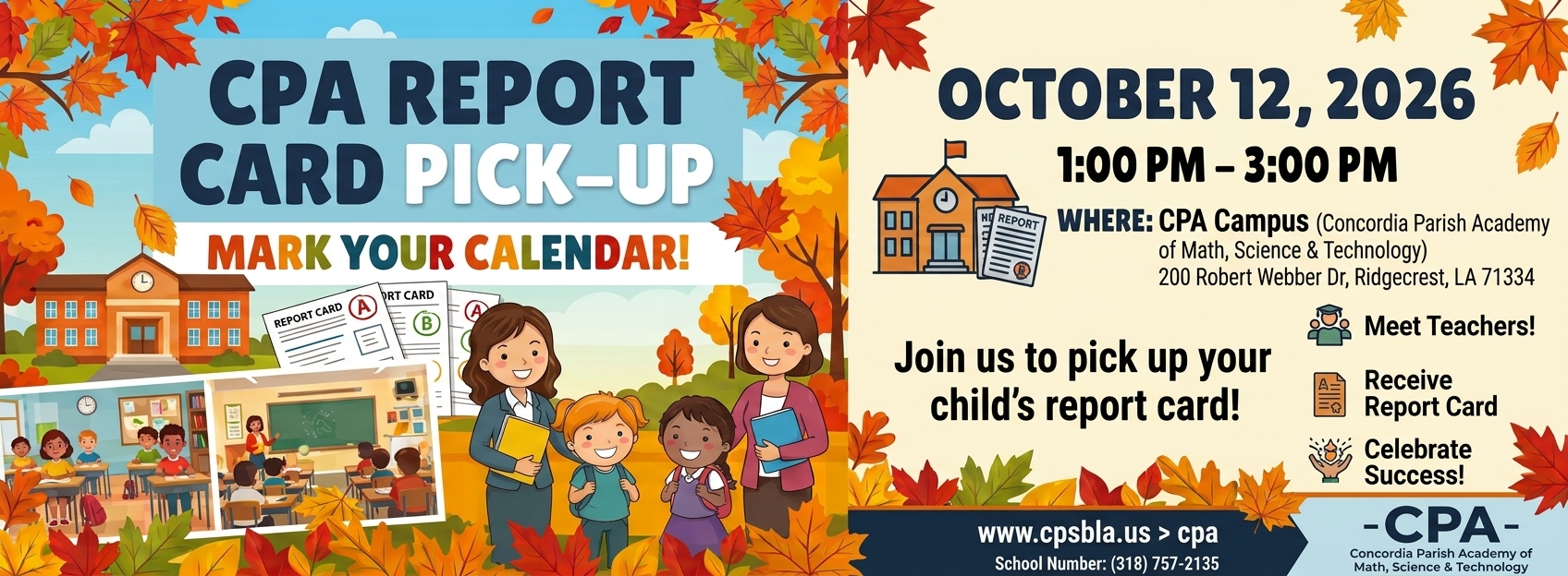 Banner with a colorful autumn background, featuring children and text reading "CPA Report Card Pick-Up."