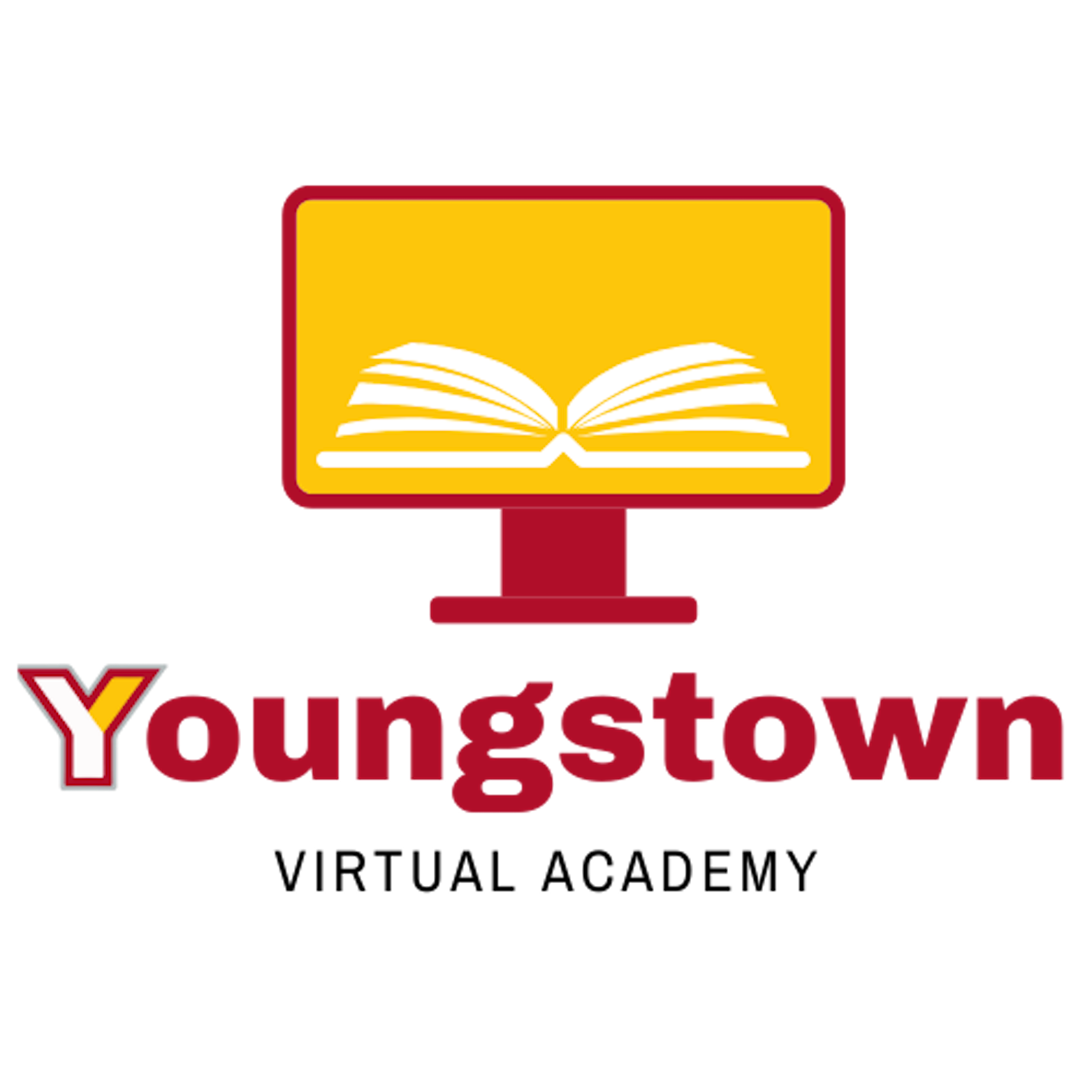 Youngstown Virtual Academy logo that is a computer monitor with a white open book on a yellow background